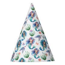 Blue Mermaid Birthday Party Hat in White