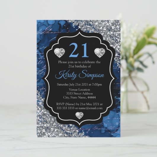 Blue Mermaid Handwriting Letters Silver Glitzer Einladung (Stehend Vorderseite)