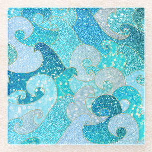 Blue Mermaid Imitate Glitzer Sea- Aquamariner Gold Glasuntersetzer