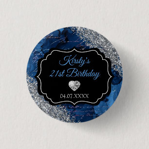 Blue Mermaid Letters Silver Glitzer Geburtstag Button