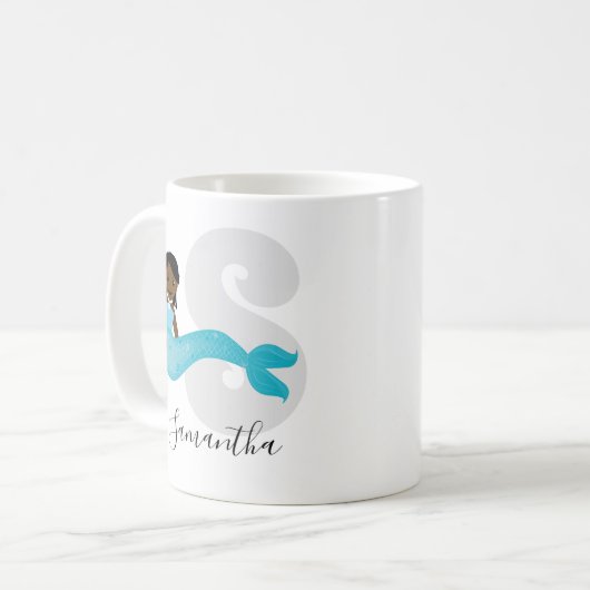 Blue Mermaid Name Monogram Coffee Tasse (Vorderseite Links)