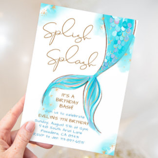 Blue Mermaid Splish Splash Girl Birthday Einladung