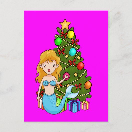 Blue Mermaid und Weihnachtsbaum Feiertagspostkarte (Vorderseite)