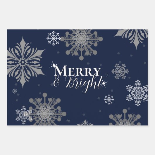 Blue Merry and Bright Snowflakes Weihnachten Geschenkpapier Set (Vorderseite)