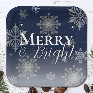 Blue Merry and Bright Snowflakes Weihnachten Pappteller