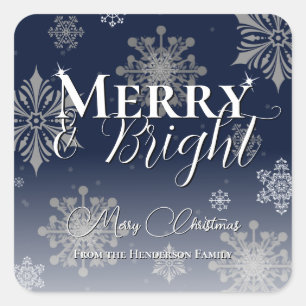 Blue Merry and Bright Snowflakes Weihnachten Quadratischer Aufkleber