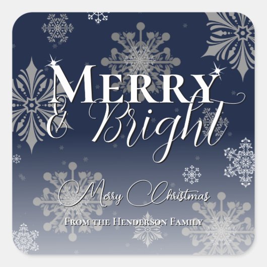 Blue Merry and Bright Snowflakes Weihnachten Quadratischer Aufkleber (Vorderseite)