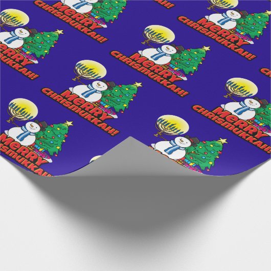 Blue Merry Chrismukkkah mit Snowman & Menorah Geschenkpapier (Ecke)