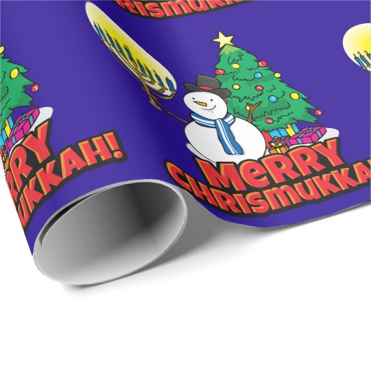 Blue Merry Chrismukkkah mit Snowman & Menorah Geschenkpapier (Rolleneckpunkt)
