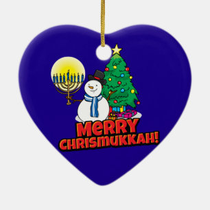 Blue Merry Chrismukkkah mit Snowman und Menorah Keramikornament