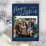 Blue Merry Christmas Calligraphy Script 4 Foto Feiertagskarte<br><div class="desc">Blue Merry Weihnachtskalligraphie Script 4 Foto Holiday Card bietet moderne Kalligrapie-Skripte auf der Vorderseite,  zusammen mit einem Foto und drei Fotos auf der Rückseite.</div>