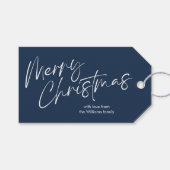 Blue Merry Christmas Calligraphy Script Geschenkanhänger (Vorderseite (Horizontal))
