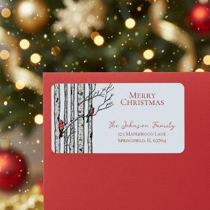 Blue Merry Christmas Kardinals Birch Branches Adressaufkleber