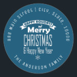 Blue Merry Christmas Round Return Address Label Runder Aufkleber<br><div class="desc">Frohe Weihnachtskalligrafie Script mit marineblau Hintergrund Aufkleber Vorlage. Kann für das Verschicken von Holiday Karten verwendet werden.</div>