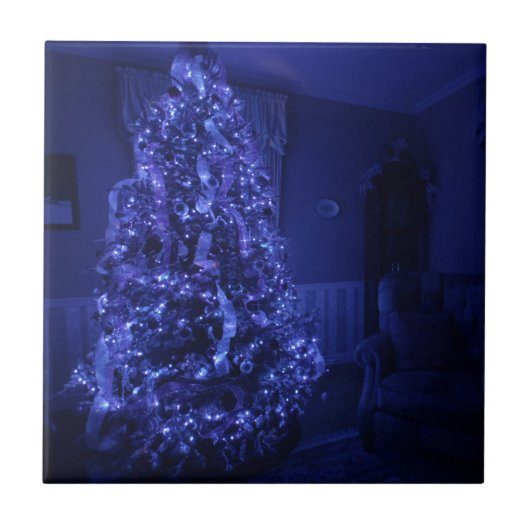 Blue Merry Christmas Tree Lights Fliese (Vorderseite)