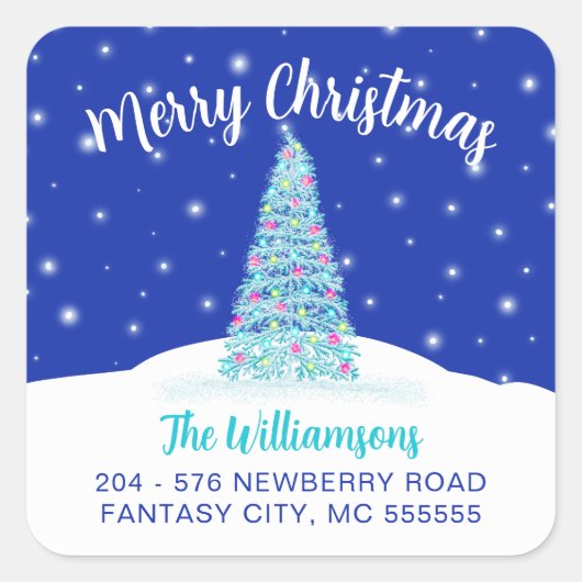 Blue Merry Christmas Tree Rücksendeadresse Label Quadratischer Aufkleber (Vorderseite)