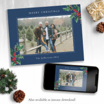 Blue Merry Christmas Vintag Holly Berries Foto