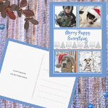 Blue Merry Happy 4 Foto Hanukkah Weihnachten Postkarte<br><div class="desc">Erstellen Sie Ihre eigenen Hanukkah und Weihnachten Urlaub Fotokarten mit diesem niedlichen blauen MERRY HAPPY Alles, was Foto Postkarten-Vorlage Design. Personalisieren Sie mit Ihren Fotos und Texten für einzigartige Ferien Postkarten in Blau, Weiß und Imitat Silber. Diese Fotokarten sind eine lustige Wahl für Paare und Familien, sie zeigen vier Ihrer...</div>