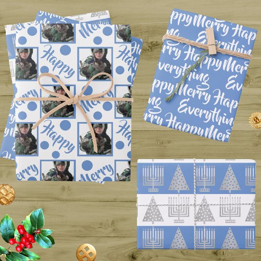Blue Merry Happy Alles Foto Typografie Geschenkpapier Set