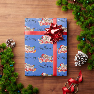 Blue Merry Weihnachtsskript, individueller Name Geschenkpapier