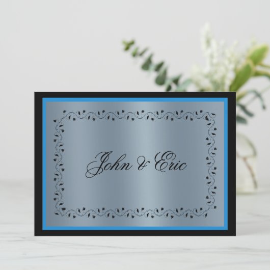 Blue Metallic Black Wedding Einladung (Stehend Vorderseite)