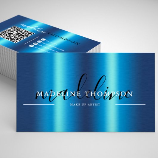 Blue Metallic Brush Steel Script QR Code Visitenkarte