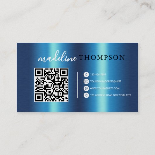 Blue Metallic Brush Steel Script QR Code Visitenkarte (Rückseite)