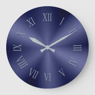 Blue Metallic Clock with Patterned Roman Numbers Große Wanduhr