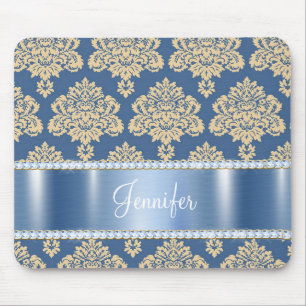 Blue Metallic Damask Rhinestones, Personalisiert Mousepad