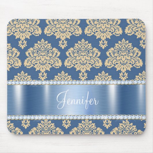 Blue Metallic Damask Rhinestones, Personalisiert Mousepad (Vorne)