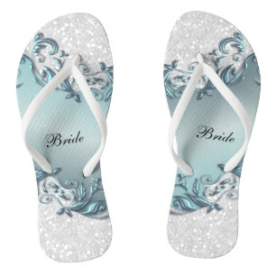 Blue Metallic Floral & Confetti Glitzer Hochzeit Badesandalen