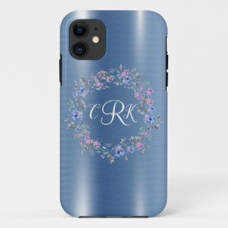 Blue Metallic Floral Monogram Personalize Girly Case-Mate iPhone Hülle