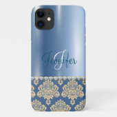 Blue Metallic Floral Monogram Personalize Girly Case-Mate iPhone Hülle (Rückseite)
