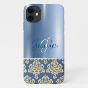 Blue Metallic Floral Monogram Personalize Girly Case-Mate iPhone Hülle