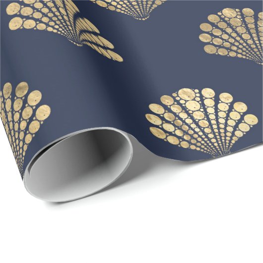 Blue Metallic Gold Muscheln Meerjungfrau Geschenkpapier (Rolleneckpunkt)