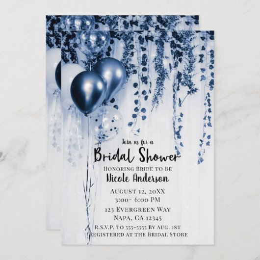 Blue Metallic Party Balloons Ivy Brautparty Einladung (Vorne/Hinten)
