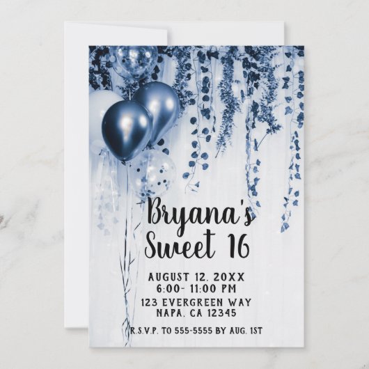 Blue Metallic Party Balloons Ivy White Sweet 16 Einladung (Vorderseite)