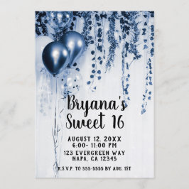 Blue Metallic Party Balloons Ivy White Sweet 16 Einladung