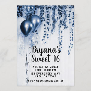 Blue Metallic Party Balloons Ivy White Sweet 16 Einladung
