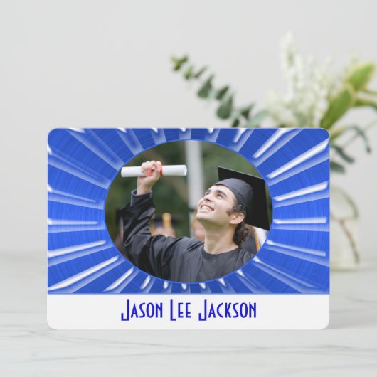 Blue Metallic Sunburst Einladung (Stehend Vorderseite)