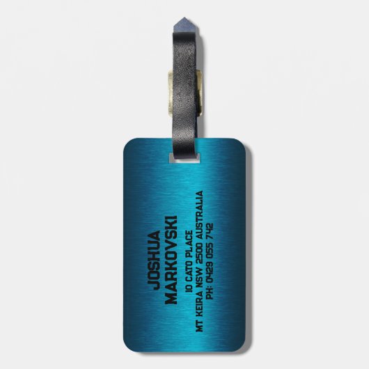 Blue Metallic Texture Custom Black Typografy Gepäckanhänger (Rückseite vertikal)