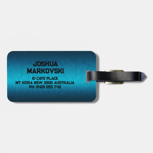 Blue Metallic Texture Custom Black Typografy Gepäckanhänger (Rückseite horizontal)