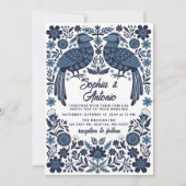 Blue Mexican Birds Otomi Floral Fiesta Wedding Einladung (Vorderseite)