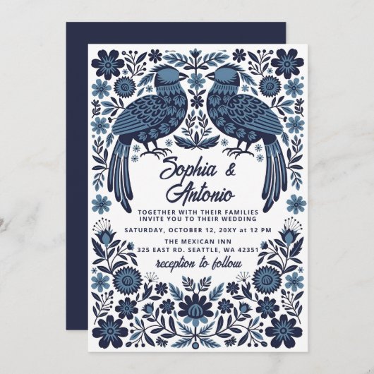 Blue Mexican Birds Otomi Floral Fiesta Wedding Einladung (Vorne/Hinten)