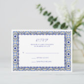 Blue Mexican Talavera Spanish Wedding RSVP Karte (Stehend Vorderseite)