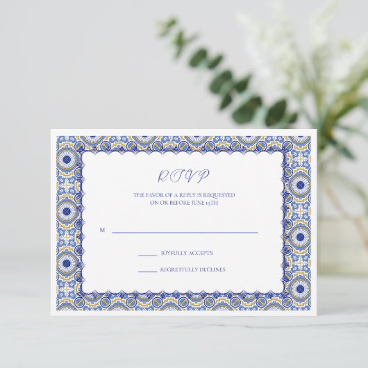 Blue Mexican Talavera Spanish Wedding RSVP Karte (Stehend Vorderseite)
