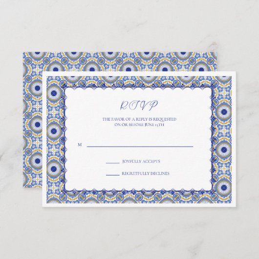 Blue Mexican Talavera Spanish Wedding RSVP Karte (Vorne/Hinten)