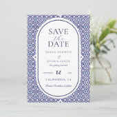 Blue Mexican Talavera Spanish Wedding Save The Date (Stehend Vorderseite)