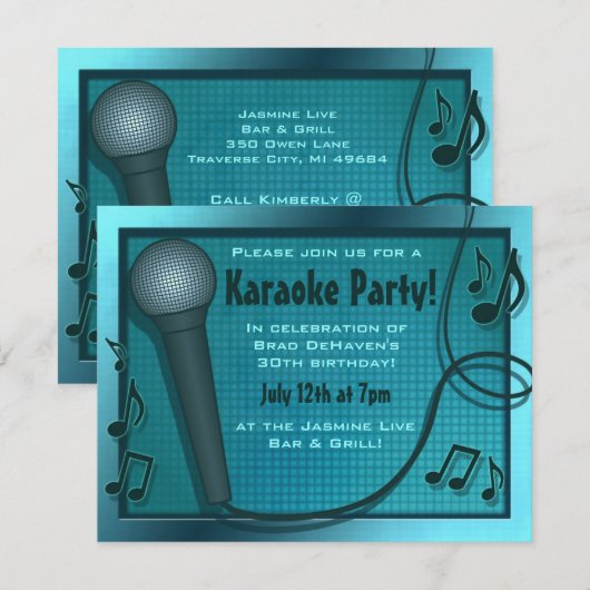 Blue Microphone Karaoke Party Einladung (Vorne/Hinten)