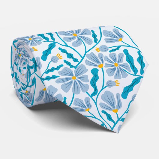 Blue Mid-Century Modern Floral Pattern Krawatte (Gerollt)